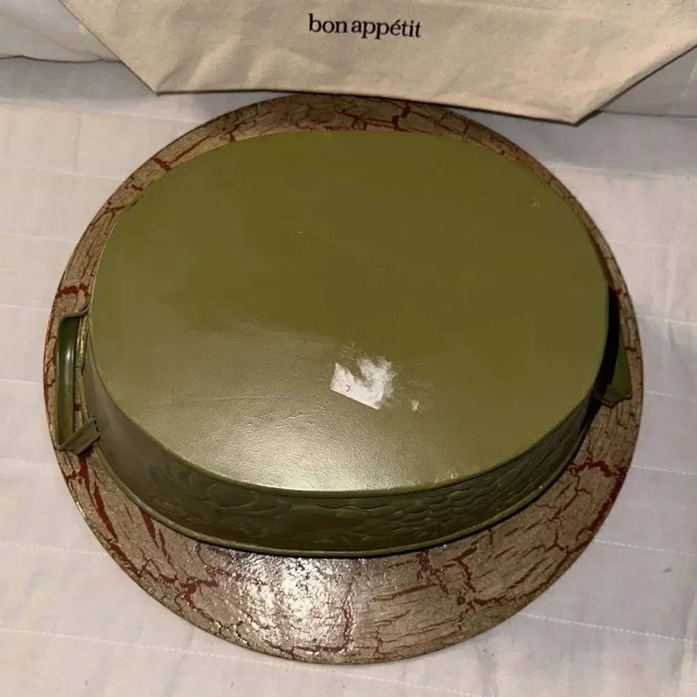 Metal Tin Bowl with Handles Green Fruit Harvest Dented Design